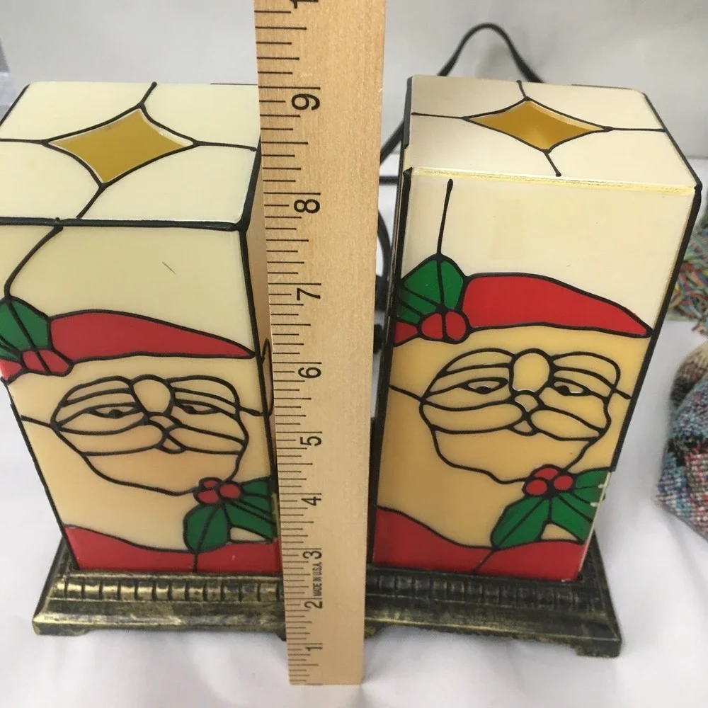 Vtg Christmas Santa Lamps Plastic Stained Glass Look Gold Base Read Description